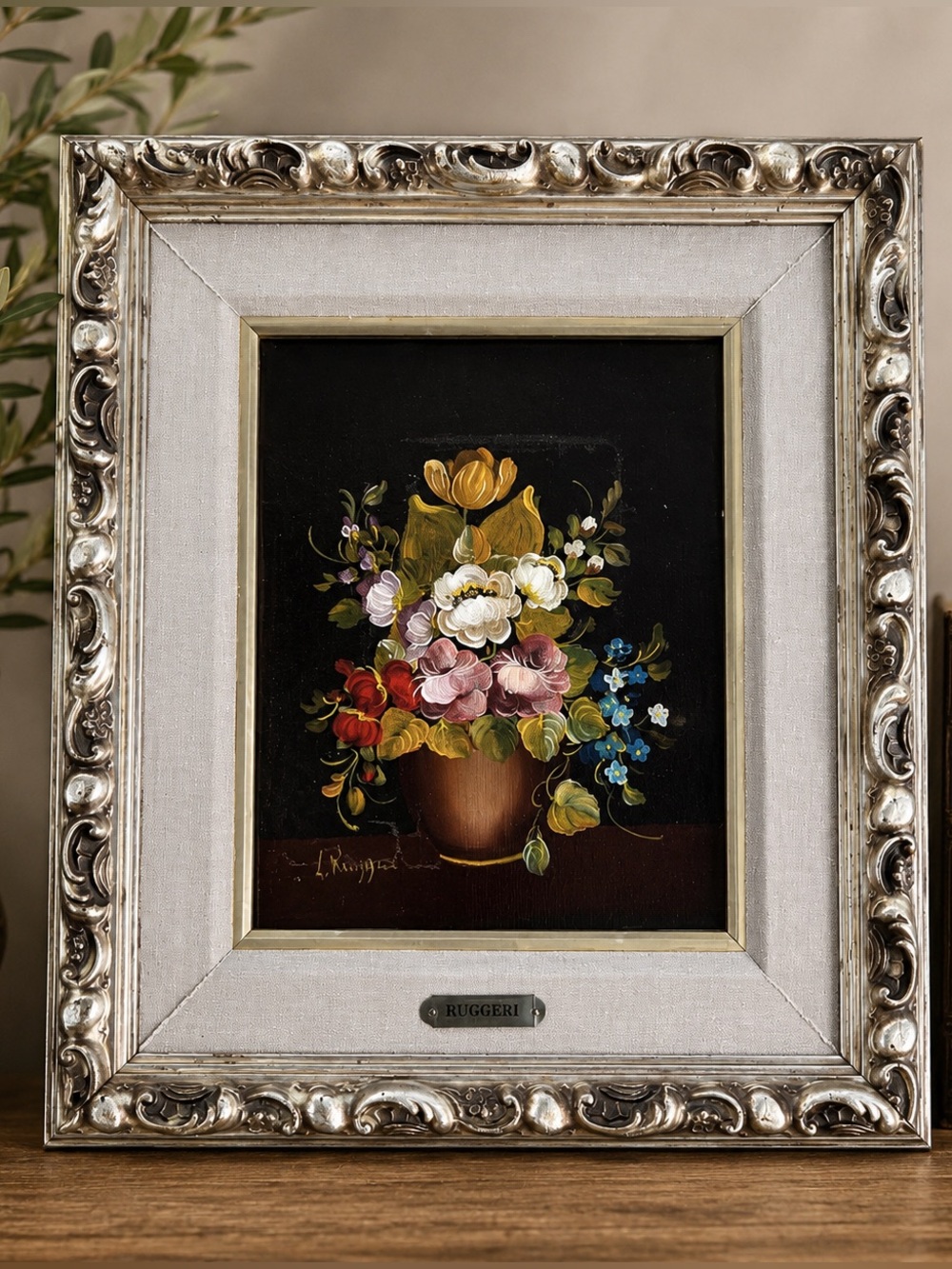 Ruggeri Framed Floral Still Life - Colorful Bouquet on Black Vintage